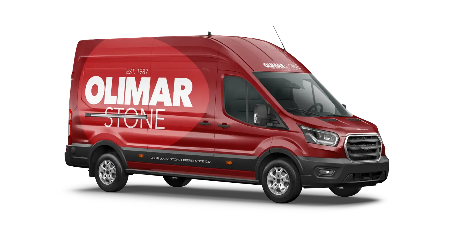 The Olimar Stone mobile showroom van, branded and loaded with stone samples